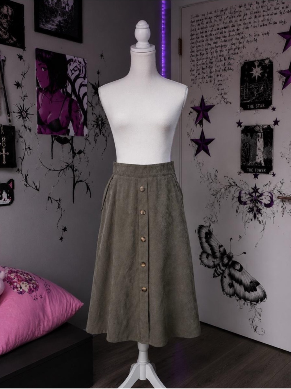 Olive Green Button-Front A-Line Skirt